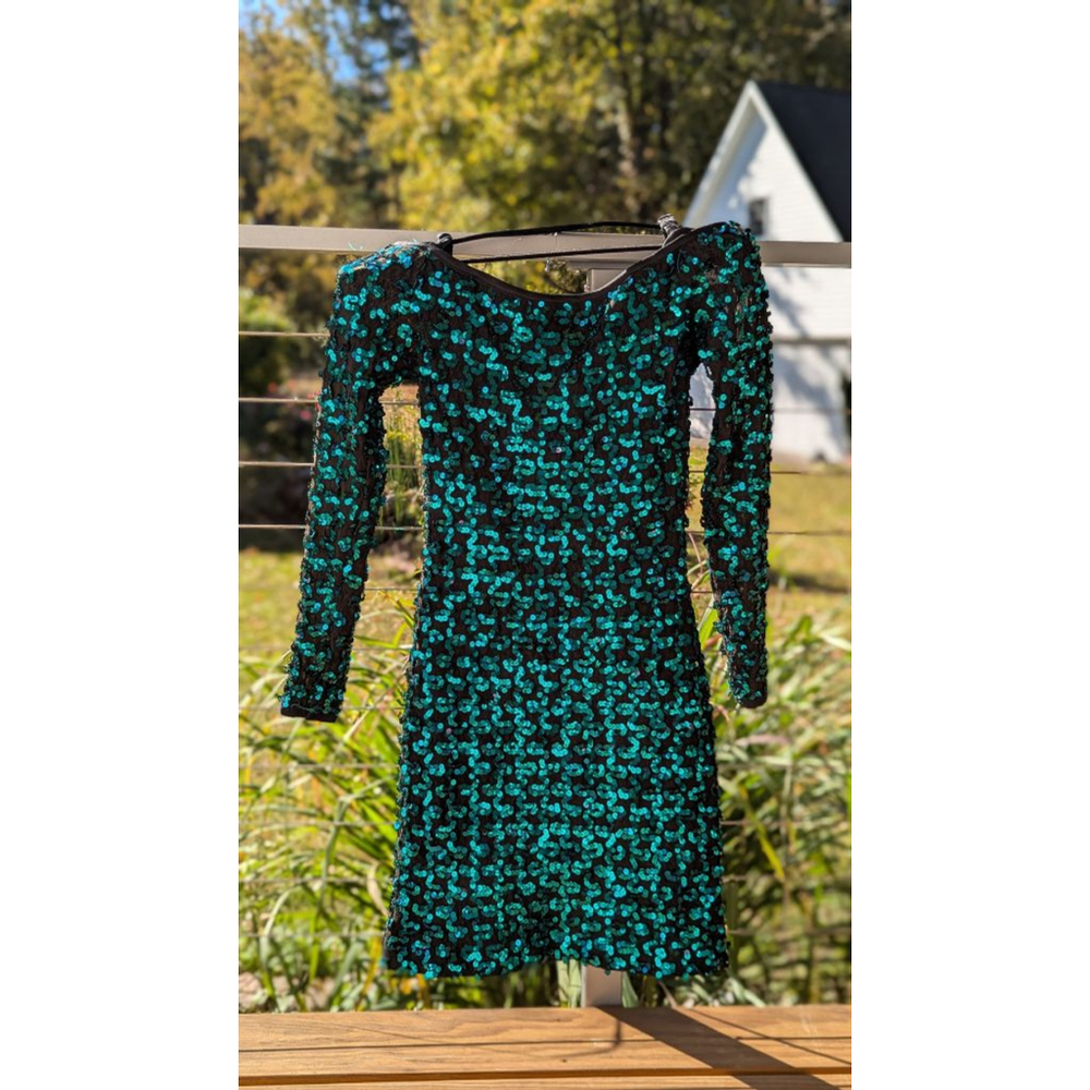 Women's Susan Roselli for Vijack Black Teal Sequin Mini Dress Size 12